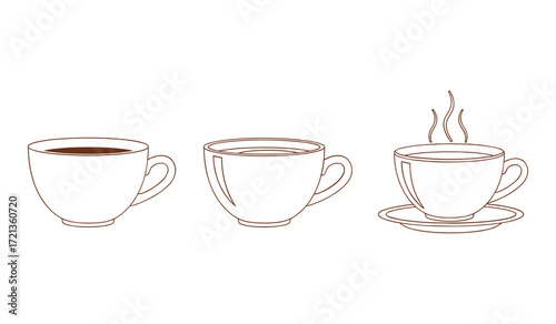 Three coffee cups one filled with dark liquid and steam rising hot drink beverage
