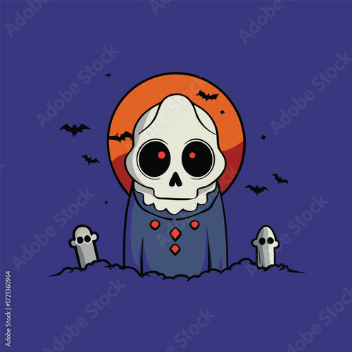A cute cartoon grim reaper with red eyes standing in a graveyard with bats flying around on a dark blue background for halloween
