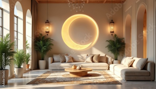 Serene Islamic living room decor with crescent moon decor. Interior design features sofa, arch window, lantern, beige color palette. Luxury elegant aesthetic home with cozy ambience. Ramadan, Eid