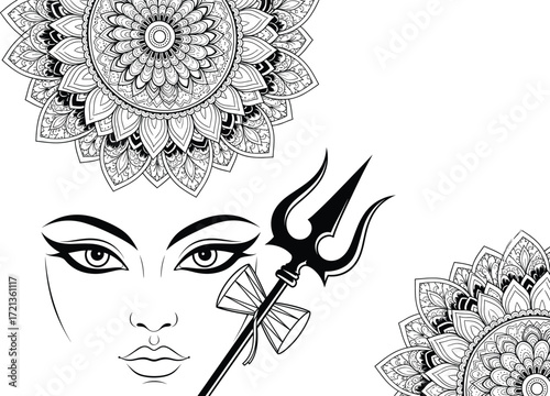 Divine goddess face with mandala, trident, spiritual symbolism, black and white vector art, Hindu mythology, sacred feminine energy, meditation design
