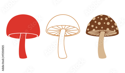 Three stylized mushrooms red outline and spotted brown red mushroom brown mushroom