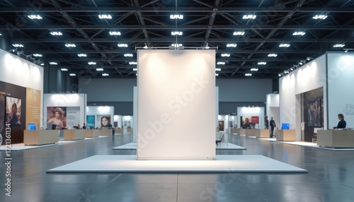 Fototapeta Naklejka Na Ścianę i Meble -  Blank pop-up banner mockup in modern exhibition hall. Empty display space for trade show marketing presentation advertising. Minimalistic business setup for convention or event branding.