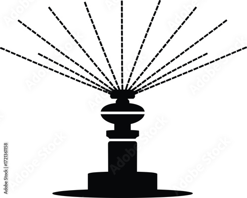 Black silhouette icon of a garden sprinkler spraying water in dashed lines irrigation