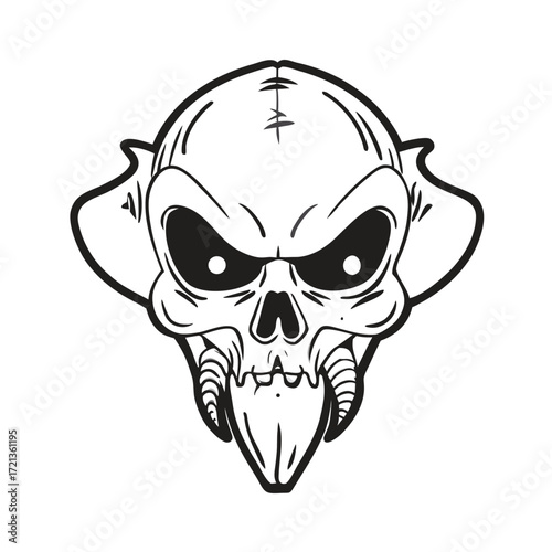 An alien skull with black eyes, a spooky design