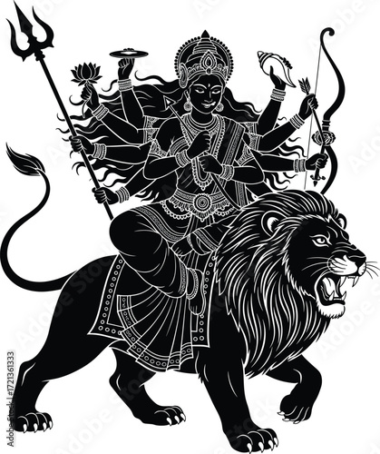 Durga vector illustration, Hindu goddess on lion, multi-armed deity with weapons, black and white silhouette, religious art, spiritual symbolism, mythology