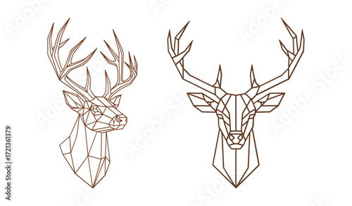 Two geometric deer head outlines in brown on white background stag polygonal