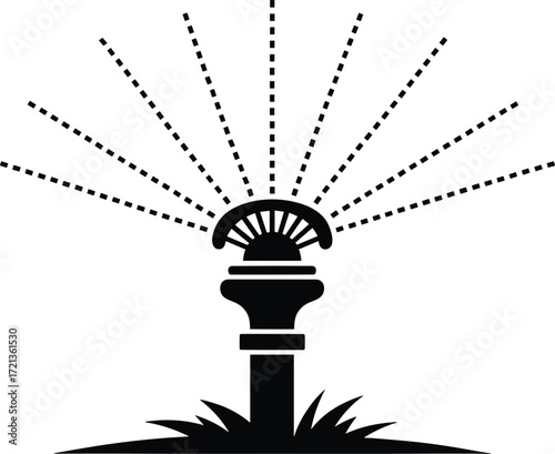 Black silhouette of a garden sprinkler watering grass with dashed water lines spray irrigation