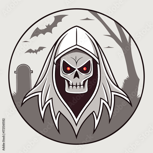 Grim reaper with red eyes in a graveyard with bats flying around, a spooky halloween illustration in a circle isolated on white background
