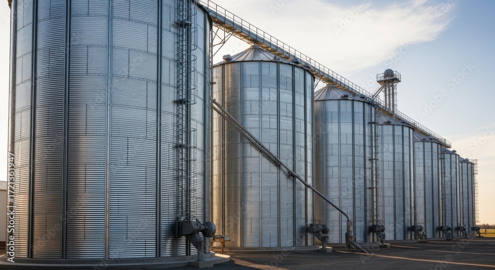 Fototapeta premium Medium shot of large metal silos gleaming in the sunlight showcasing efficient soybean storage designed to keep beans dry and fresh over time.