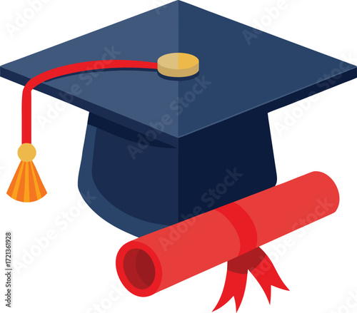 Graduation cap and rolled diploma on a white background, symbolizing academic achievement and celebration.