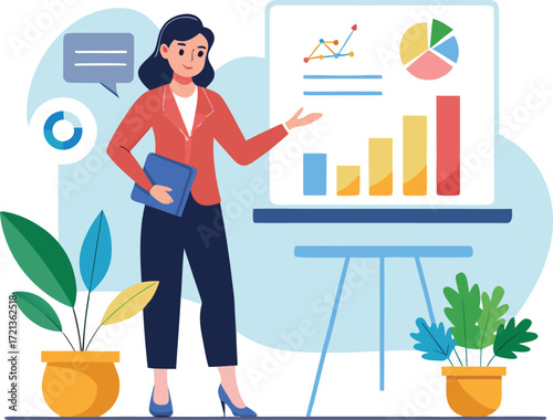 Businesswoman presenting a business plan on a whiteboard in a vector illustration style.
