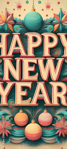 Vibrant 3D typography reading 'Happy New Year' surrounded by colorful shapes, leaves, and festive accents.