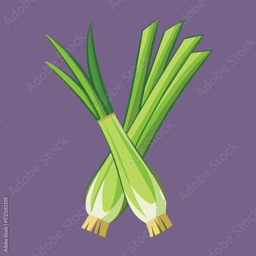 A pair of green leeks set on a striking purple backdrop.