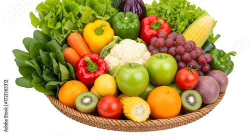 A vibrant basket overflowing with fresh, colorful fruits and vegetables, symbolizing healthy eating and abundance.