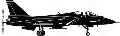 Modern fighter jet silhouette, military aircraft vector, side view illustration, twin tail design, aviation technology, defense concept, editable black graphic
