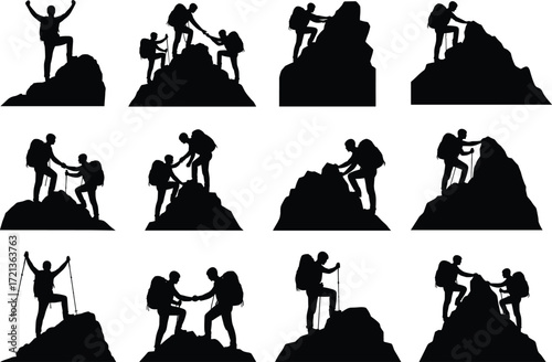 Mountain climbers silhouette vector, hiking teamwork illustration, outdoor adventure icons, summit success, helping hands, peak achievement, black graphic figures, stock art