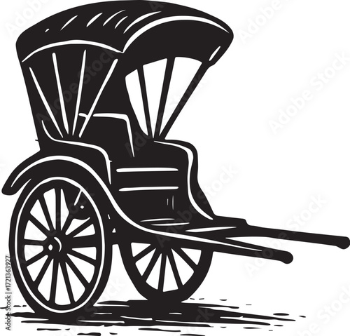 Linocut style black and white etching of a traditional rickshaw with canopy, vintage hand-drawn transportation illustration