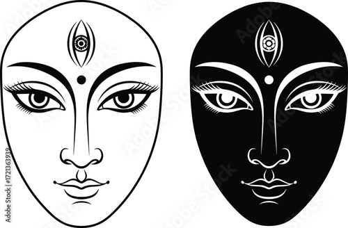 Mystical dual face vector, black and white symmetry, third eye spiritual art, sacred geometry, divine vision, surreal portrait illustration