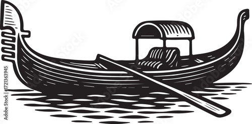 Traditional Venetian gondola illustration in black and white linocut style with oar and canopy