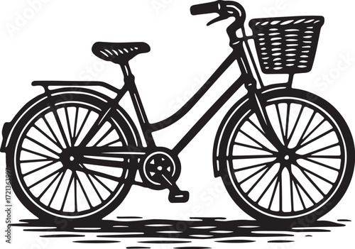 Vintage bicycle with wicker basket in bold linocut illustration, black and white transport design