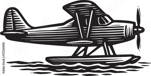 Vintage seaplane linocut black and white etching illustration for transport and aviation design