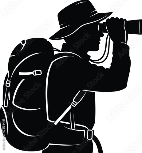 Silhouette of explorer with binoculars, hiking backpack, wide-brimmed hat, outdoor adventure, nature observation, trekking, birdwatching, wilderness travel, vector illustration