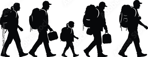 Silhouette of people walking, carrying backpacks, family migration concept, travel journey illustration, refugee movement, vector art, black isolated figures, stock design