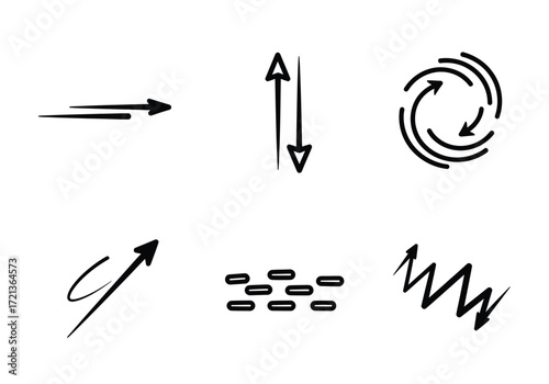 A collection of six hand-drawn arrow icons representing different types of motion and direction.