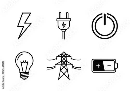 A collection of six black and white line art icons representing various aspects of electricity and power.