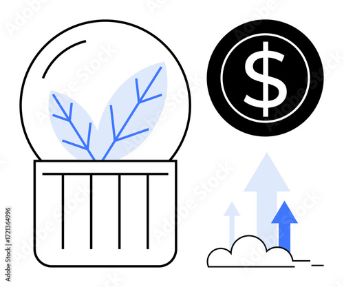 Plant in glass container symbolizes sustainability, dollar sign for financial success, arrows depict growth and progress. Ideal for business, finance, sustainability, investment, entrepreneurship