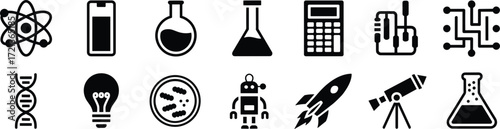 Science and Technology Icons Collection Atom DNA Robot Rocket Telescope atomic nucleus