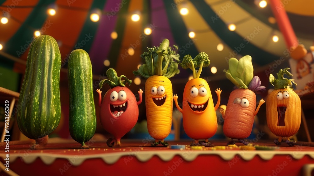 Fototapeta premium Fun, cartoon vegetables in a circus-themed setting. Animated, friendly characters. A cheerful, vibrant display