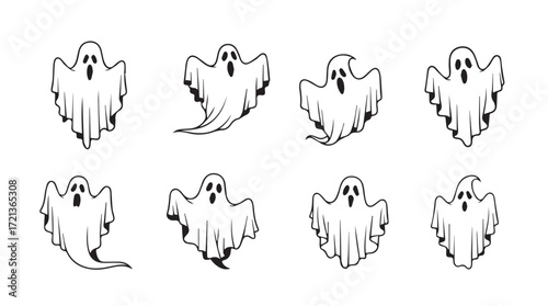 Collection of spooky hand drawn ghosts for halloween decorations and creative projects silhouette
