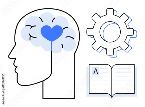 Brain with heart inside, gear for logic, open book for learning. Ideal for mental health, personal growth, education, problem-solving, innovation emotional well-being self-awareness. Simple flat
