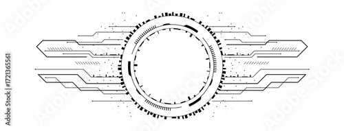 A futuristic design featuring a detailed circle and geometric lines, conveying a tech-inspired theme.