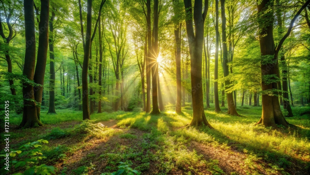 Fototapeta premium Warm sunrays filtering through the dense green foliage of a summer forest