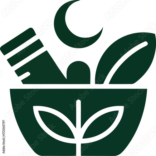Dark green mortar and pestle with crescent moon and leaves herbal medicine