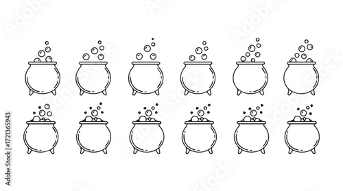 Collection of hand-drawn witch cauldrons bubbling with mysterious potions and magical ingredients silhouette
