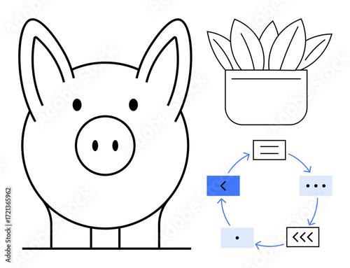 Piggy bank next to potted plant symbolizing growth, cyclic diagram denoting process or planning. Ideal for finance, saving, growth, sustainability, workflow, organization strategy. Simple flat