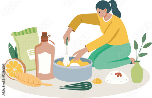 Woman cooking in a kitchen, surrounded by various fresh ingredients and utensils on the countertop.