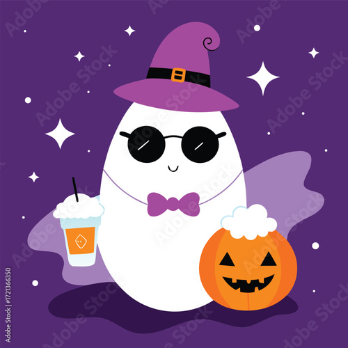 Cute but spooky ghost wearing a witch hat and sunglasses isolated on purple background, holding a drink and pumpkin for halloween