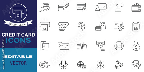 Credit card icon set. Set of 24 credit card icons in line style. Included icons as credit score, pay, expenses, wallet, secure, ATM, money, bitcoin, shopping, transfer, card holder and more.