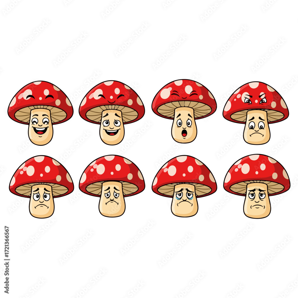 Fototapeta premium Cartoon mushrooms with different facial expressions and emotions.