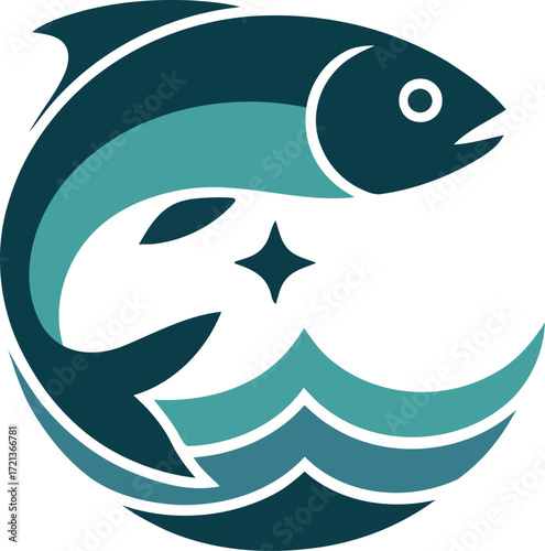 Stylized dark teal fish swimming through abstract teal and blue waves animal ocean