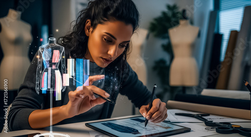 Close-Up Latina Designer working in studio sketching clothes with AR holographic mannequin
