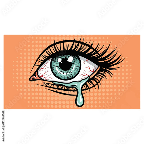 Eye with tear, illustration of sadness, pain, and sorrow.
