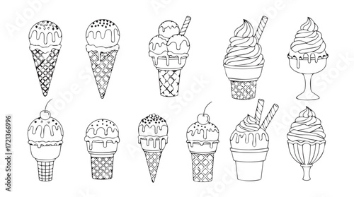 Collection of hand drawn ice cream cones and cups with toppings and wafers delightful summer treat assortment silhouette