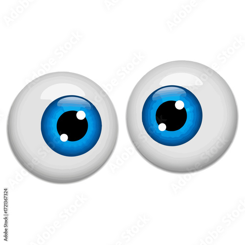 Two cartoon eyes with bright blue irises staring forward.