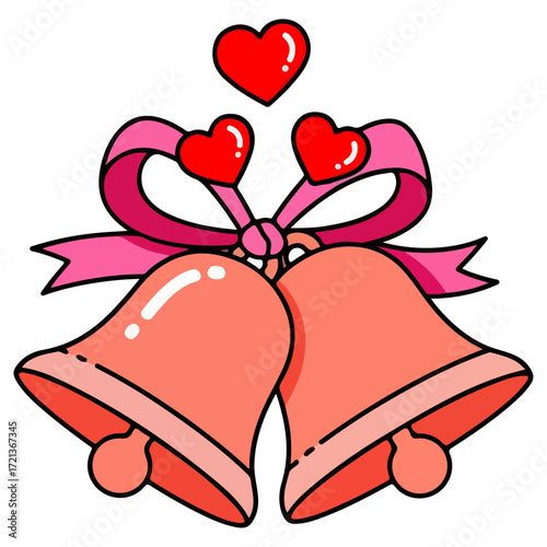 Wedding bells with hearts and pink ribbon, romantic celebration.
