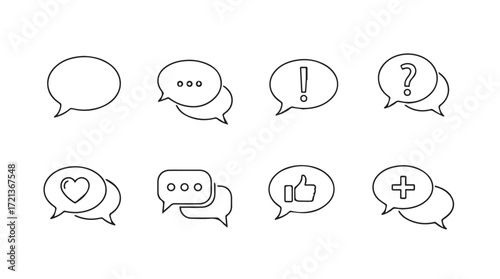 Set of sketchy speech bubbles with icons for communication and feedback concepts silhouette